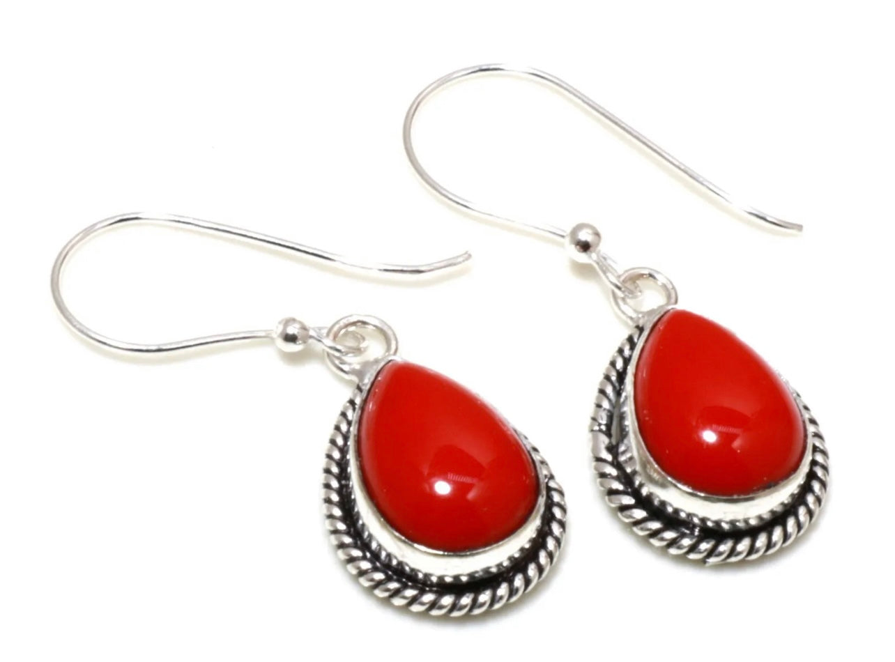 Red Coral Sterling Silver Dangle Earrings - Oval & Teardrop Gemstones