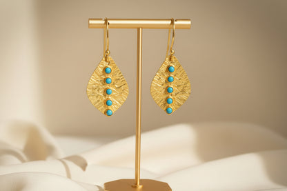 Petite 22k Gold Leaf Hammered Turquoise Earrings 1.0”