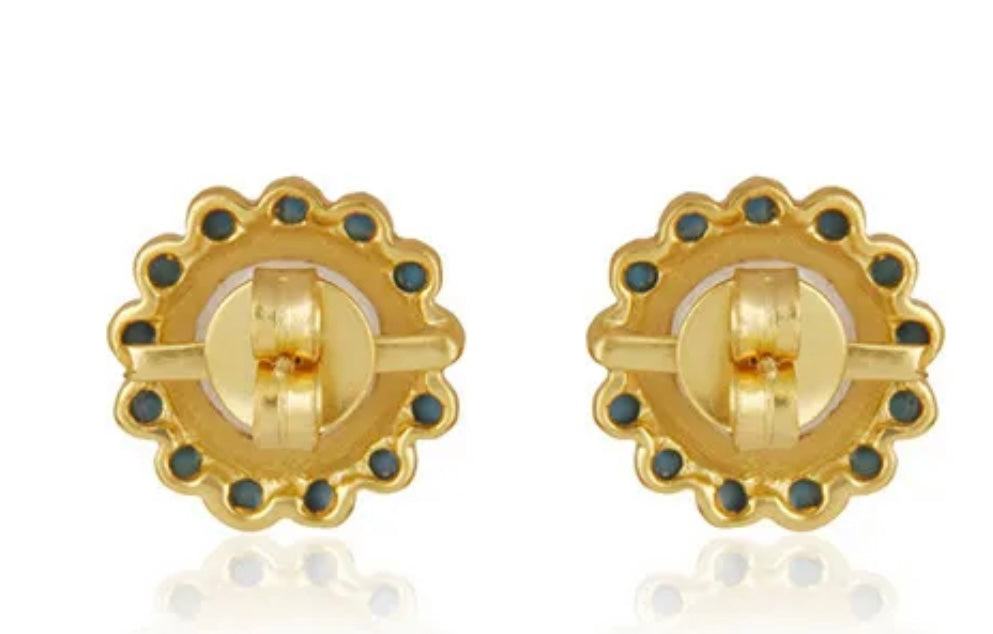 Capri Moonstone & Turquoise Halo Gold Vermeil Stud Earrings | Coastal Luxury Jewelry