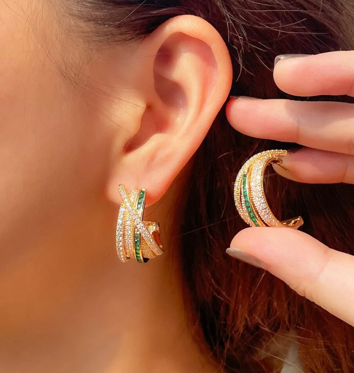 Gold Hoops Green & White Pave Earrings