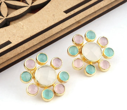 Pink, Aqua & White Gemstone Earrings 1”