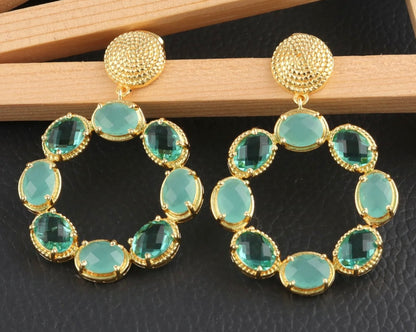 Aqua Chalcedony Gemstone Gold Twisted Statement Earrings 2”