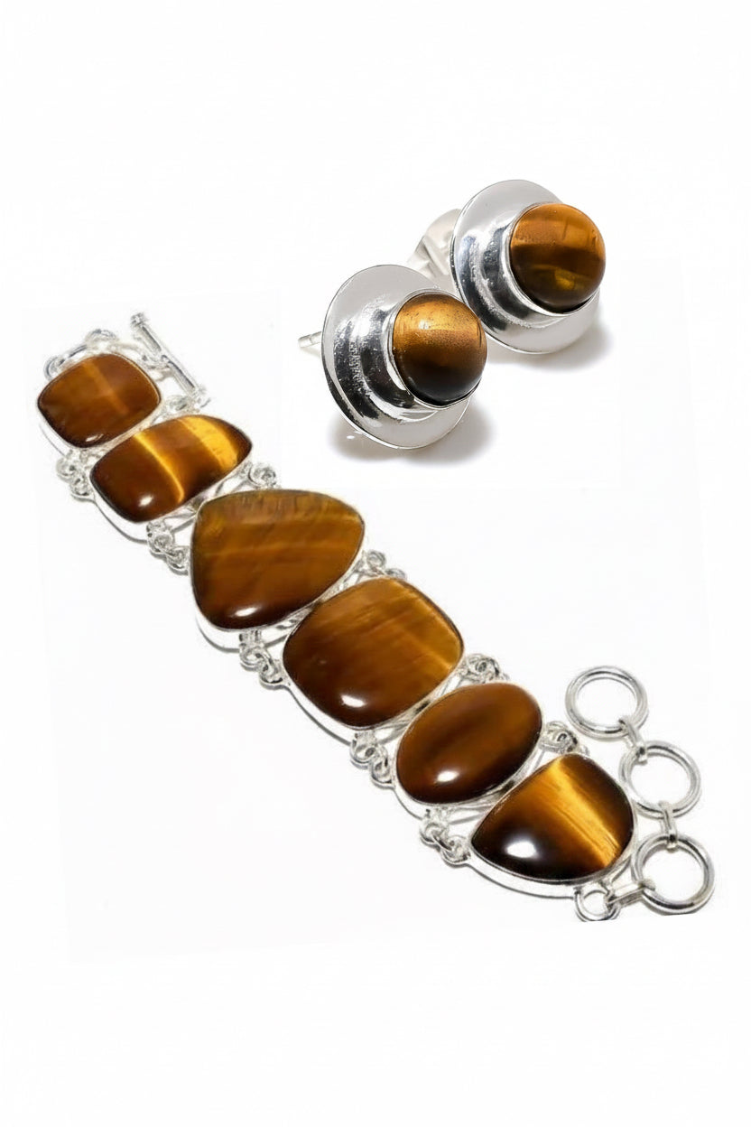 Montecito Tiger’s Eye Sterling Silver Jewelry Set – One of a Kind Tiger’s Eye Bracelet & Stud Earrings