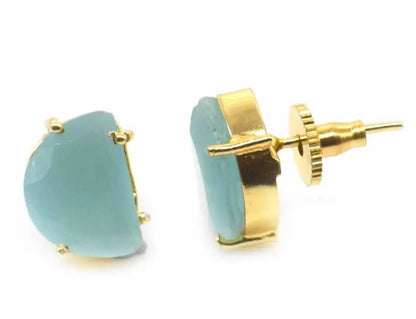 Aqua Chalcedony Demi-Sphere Shaped Gemstone Stud Earrings 1"