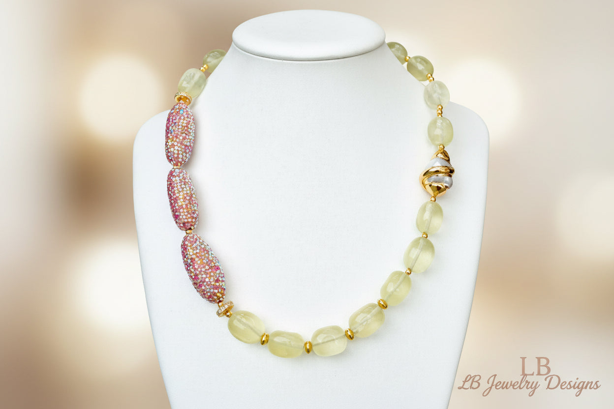 Yellow Lemon Quartz, Pave Crystals, Pearl Gold Statement Necklace