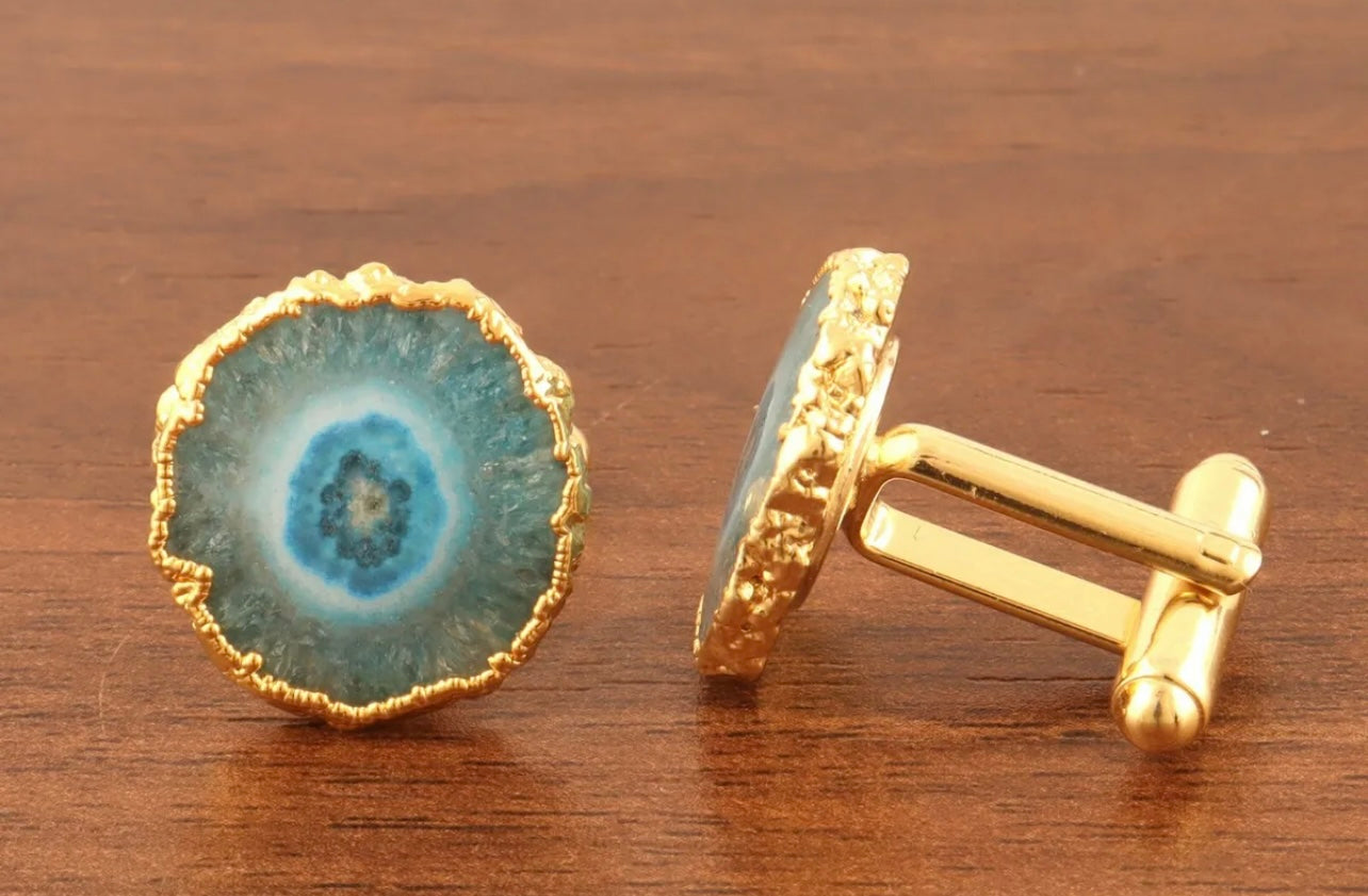 Cufflinks - Teal Geode 24k Gold Electroplated
