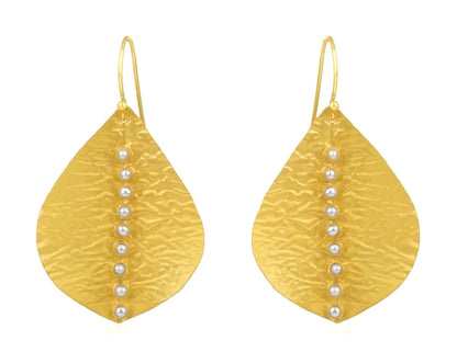 Hammered 22k Gold Leaf  Pearl Statement Earrings 2.5”