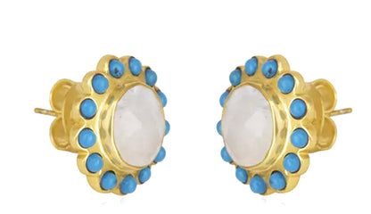 Capri Moonstone & Turquoise Halo Gold Vermeil Stud Earrings | Coastal Luxury Jewelry