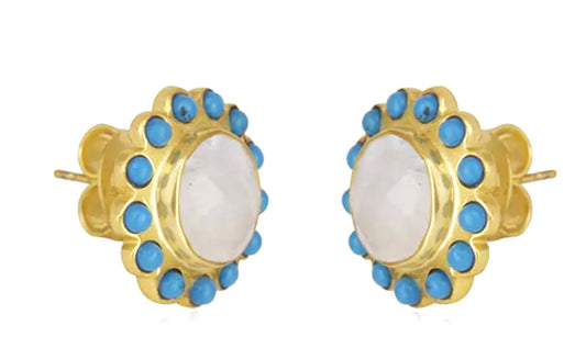 Capri Moonstone & Turquoise Halo Gold Vermeil Stud Earrings | Coastal Luxury Jewelry