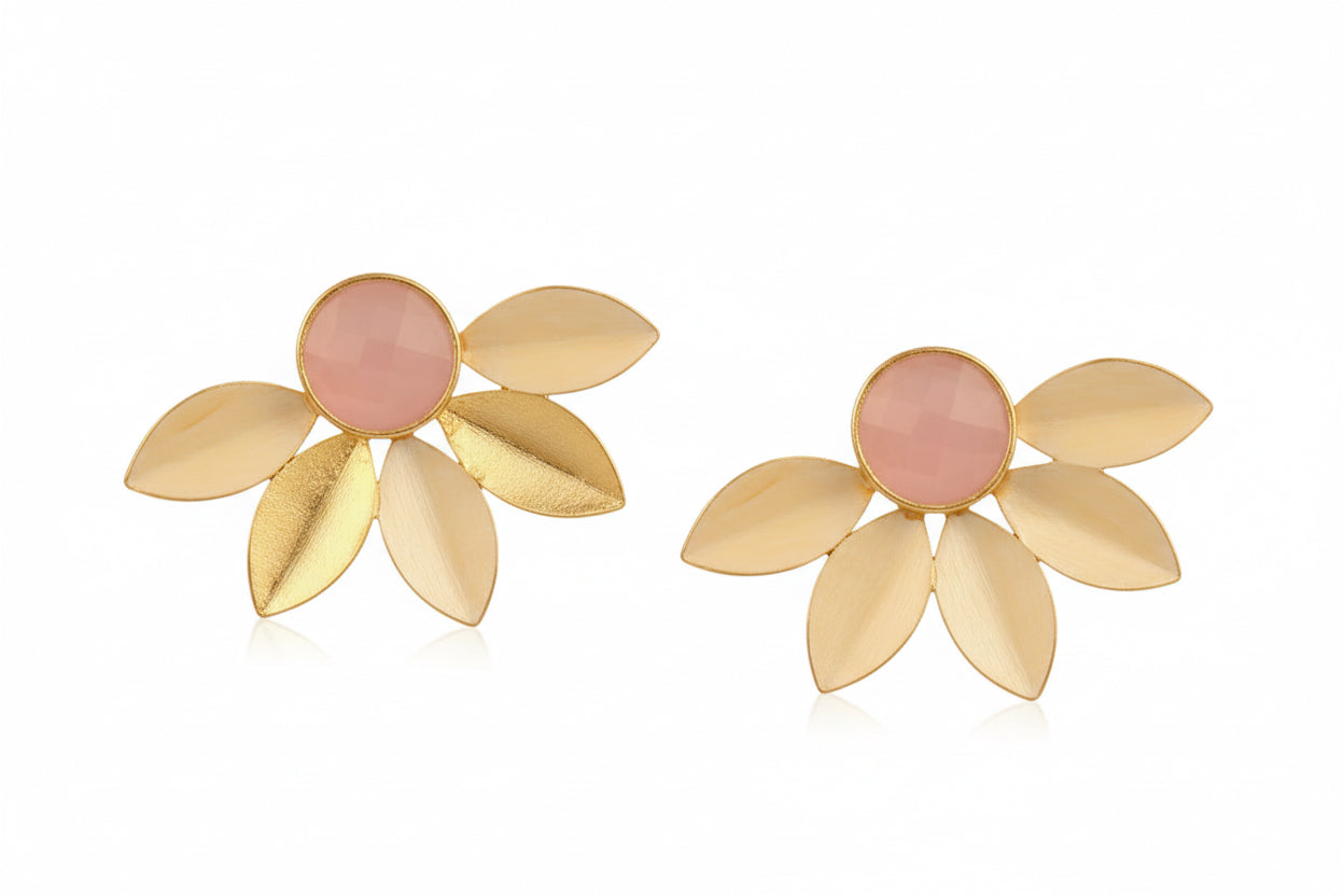Leaf Design 18k Brushed Gold Vermeil Chalcedony Gemstone Studs 1.5”