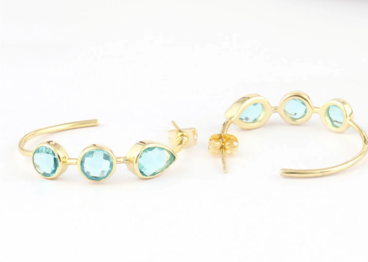 Quartz Gemstone Gold Hoop Earrings - Swiss Blue, Emerald & Blue Iolite Quartz - 14k Gold Plated  1.25”