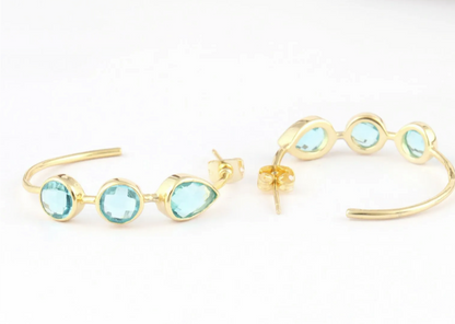 Quartz Gemstone Gold Hoop Earrings - Swiss Blue, Emerald & Blue Iolite Quartz - 14k Gold Plated  1.25”