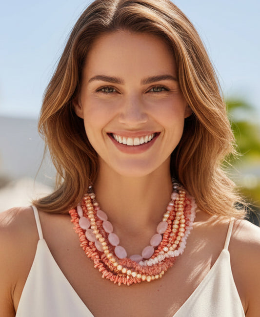 Capri Blush Six-Strand Necklace - Pink Coral, Baroque Pearl & Rose Quartz Luxury Statement Jewelry