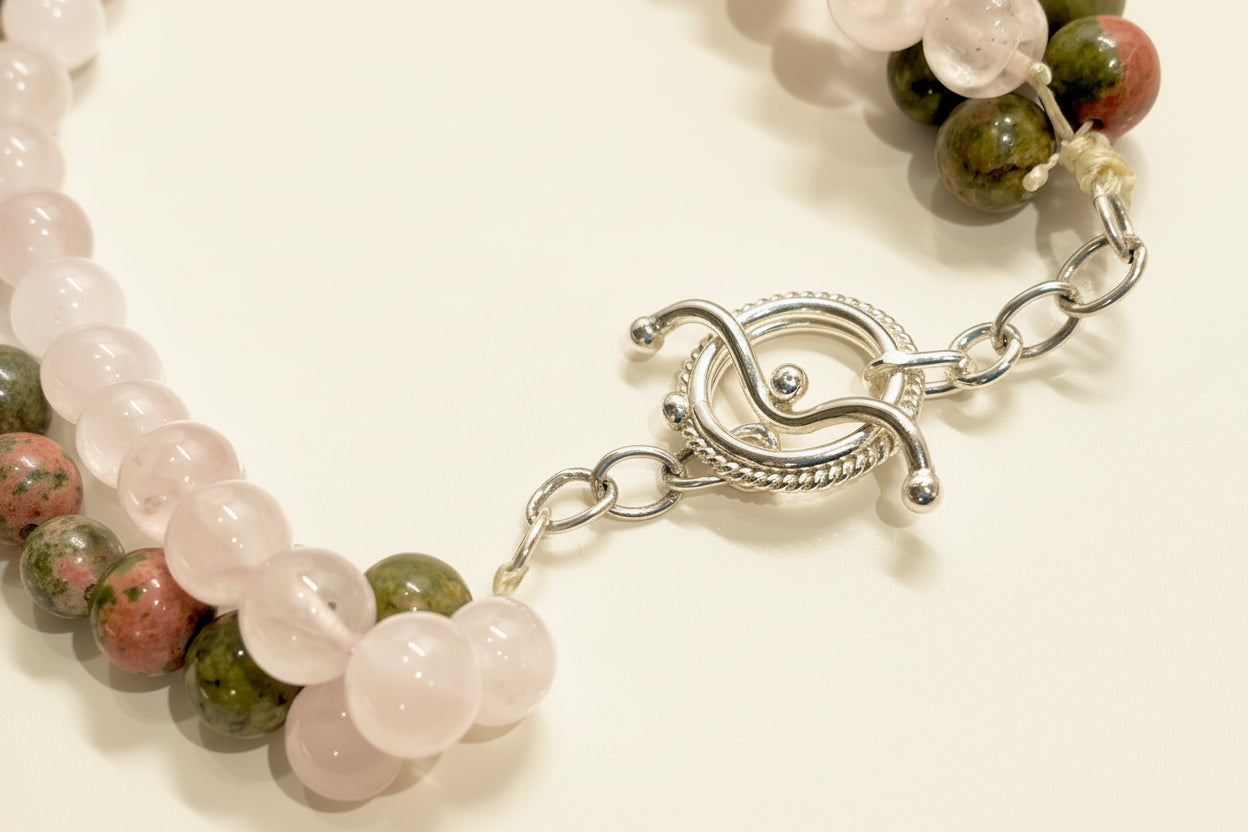 Montecito Earthstone Necklace: Unakite & Rose Quartz Triple-Strand Statement Necklace - 24” Natural Gemstone Jewelry