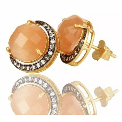 Crescent Moon Peach Moonstone Gold Stud Earrings