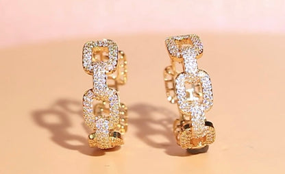 Gold Cz Cuban Chain Link Hoop Earrings 1”