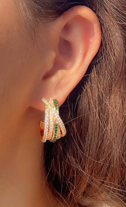 Gold Hoops Green & White Pave Earrings