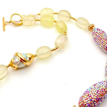 Yellow Lemon Quartz, Pave Crystals, Pearl Gold Statement Necklace