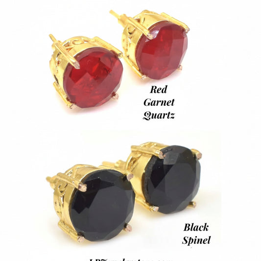 Faceted Garnet Quartz or Black Onyx Stud Earrings – 24k Gold Filled