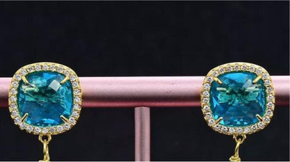 Freshwater Pearls and Blue Cat’s Eye Pave Gold Stud/Dangles