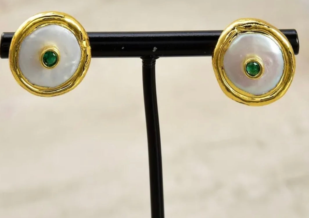 Keshi Coin Pearl Gold Stud Earrings
