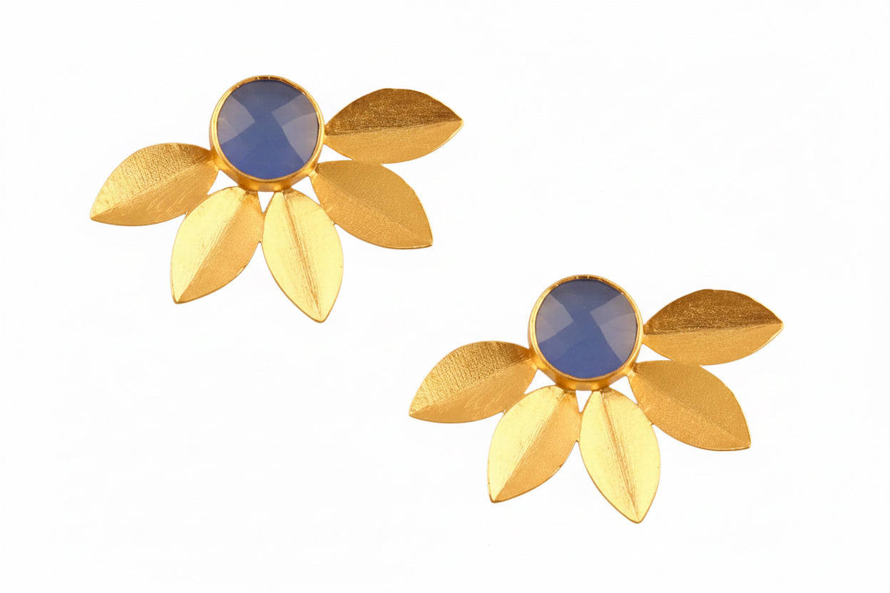 Leaf Design 18k Brushed Gold Vermeil Chalcedony Gemstone Studs 1.5”
