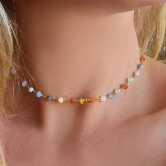 Dainty Peruvian Multi-Colored Opal Gemstone Gold Chain Necklace