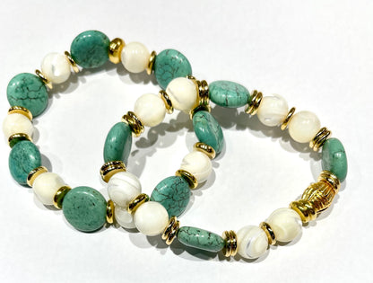 Creamy Mother of Pearl & Green Turquoise Gemstone Bracelet