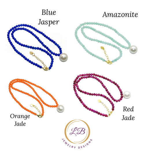 Multi-Gemstone Pearl Pendant Necklaces 