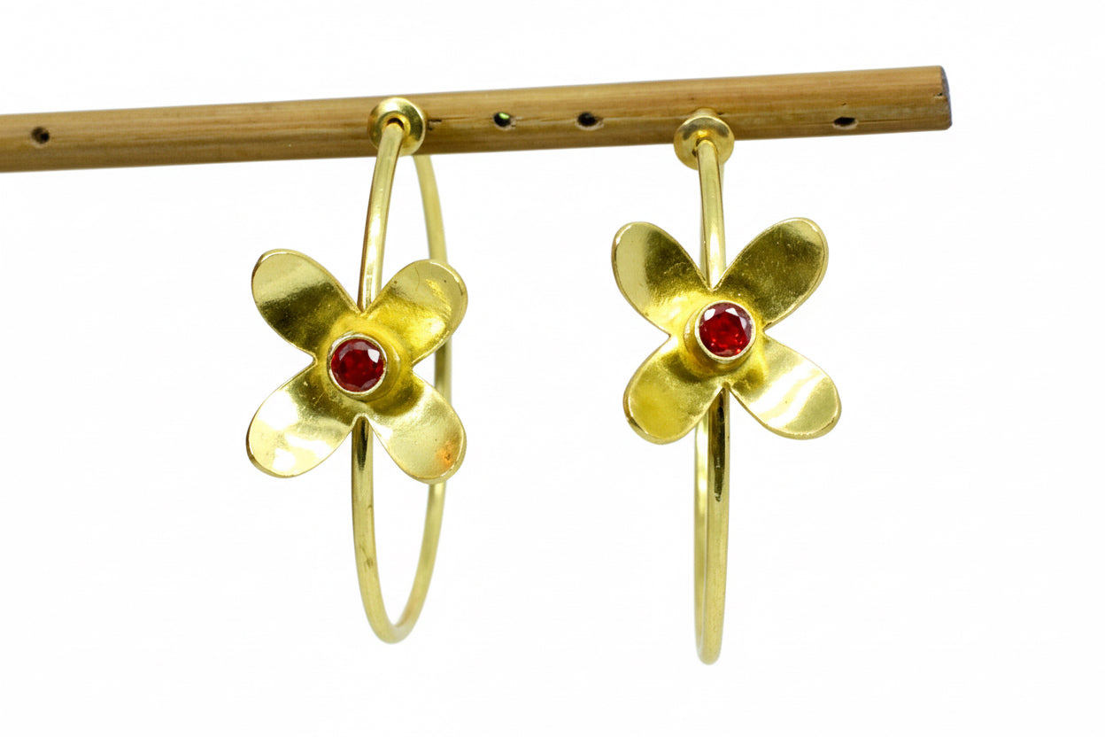 Gold Hoop Mandarin Garnet Flower Earrings
