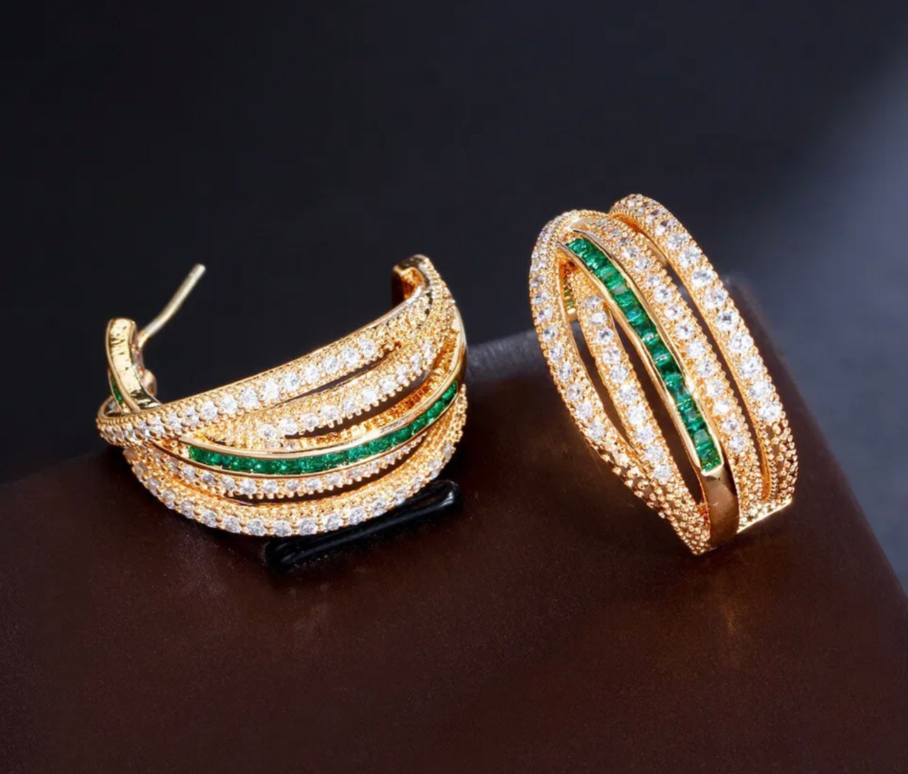 Gold Hoops Green & White Pave Earrings