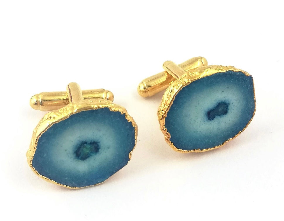 Cufflinks - Teal Geode 24k Gold Electroplated