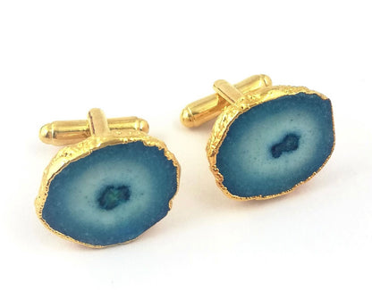 Cufflinks - Teal Geode 24k Gold Electroplated