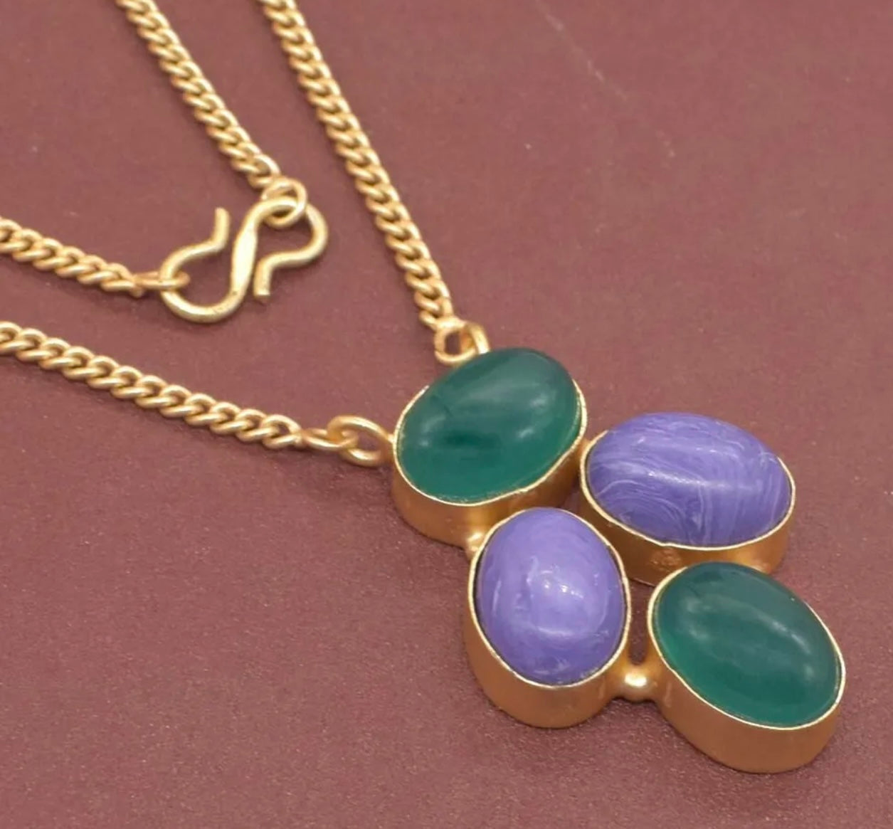 Green Onyx & Purple Charoite Pendant - Chain Necklace 18"