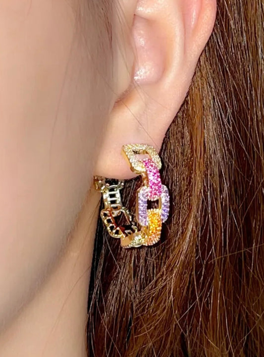 Gold Hoop Pave Crystal Cuban Chain Earrings