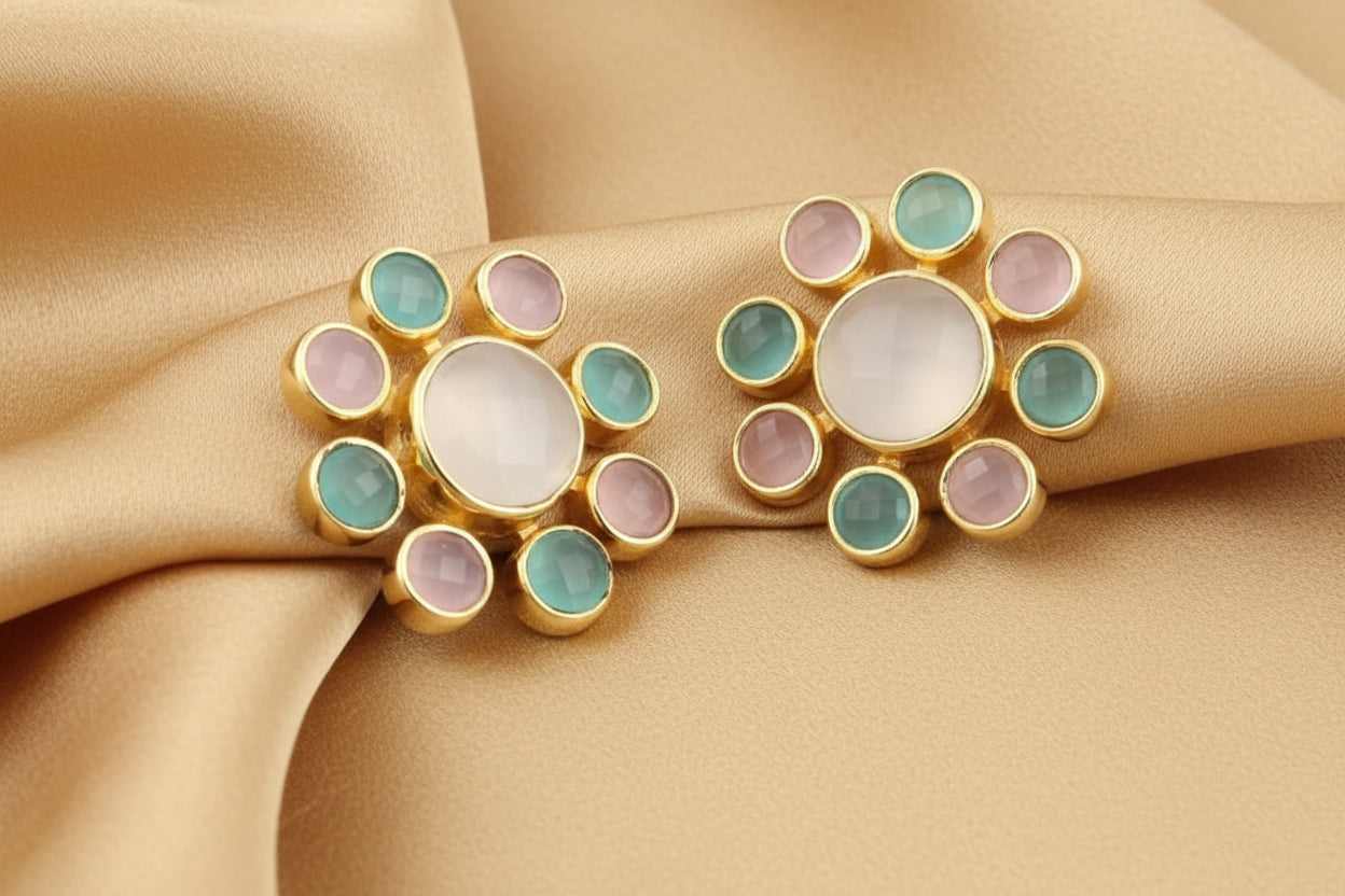 Pink, Aqua & White Gemstone Earrings 1”