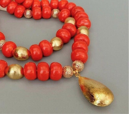 Orange Coral Gold Vermeil Pendant Statement Necklace 25"