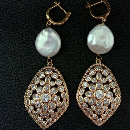 Lovely 22k Gold Plated Coin Pearl Statement Earrings 3.1”