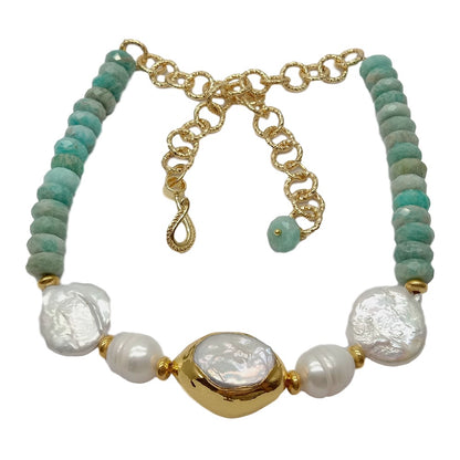 Green Peruvian Amazonite & Keshi Pearl Statement Necklace 20"