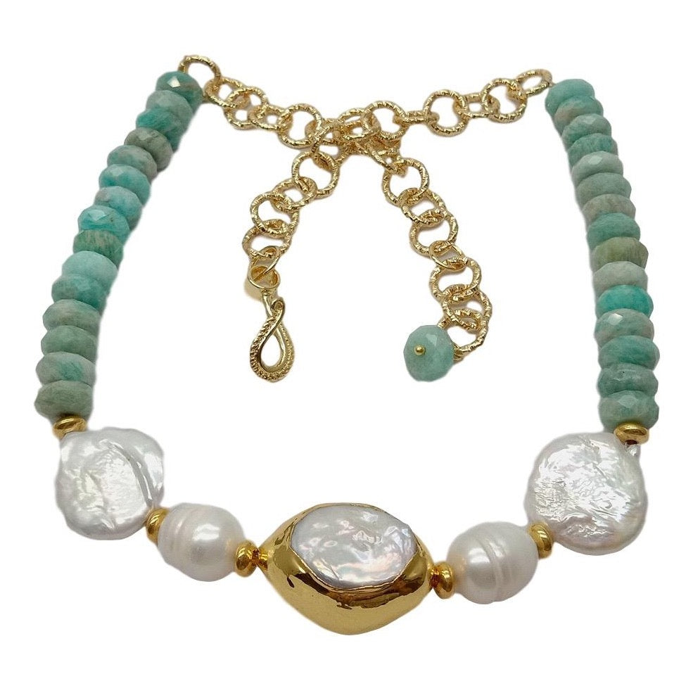 Green Peruvian Amazonite & Keshi Pearl Statement Necklace 20"