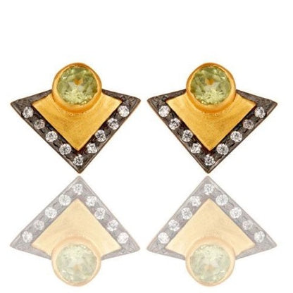 Modern Light Peridot and Black Rhodium Gemstones Gold Stud Earrings